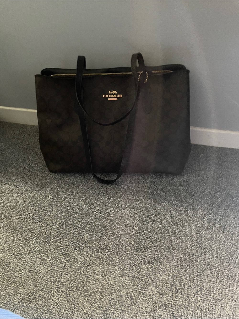 Coach Dark Brown Signature Canvas Tote with Gold Logo